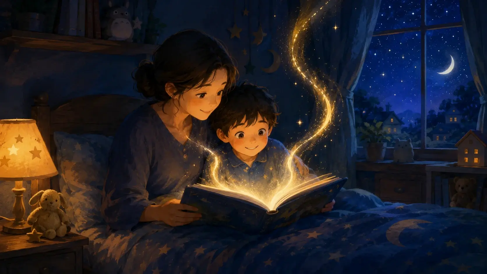 A parent and child reading a glowing bedtime story together, warm light rising from the open book