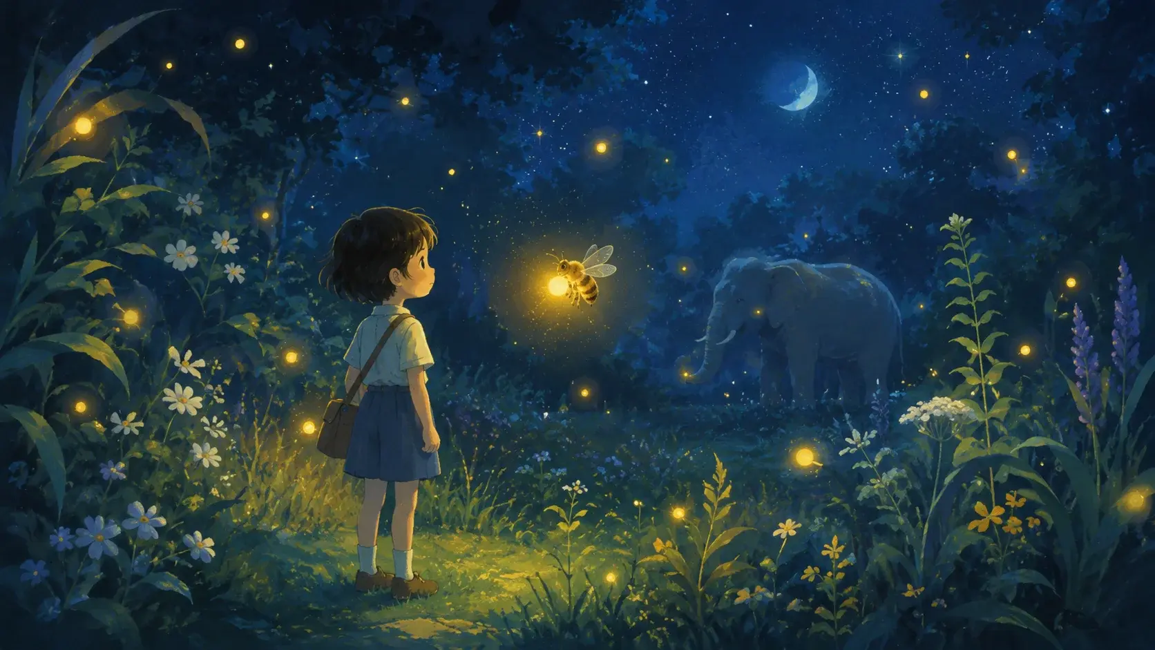 A child at dusk watching bees, fireflies and animals in a glowing garden
