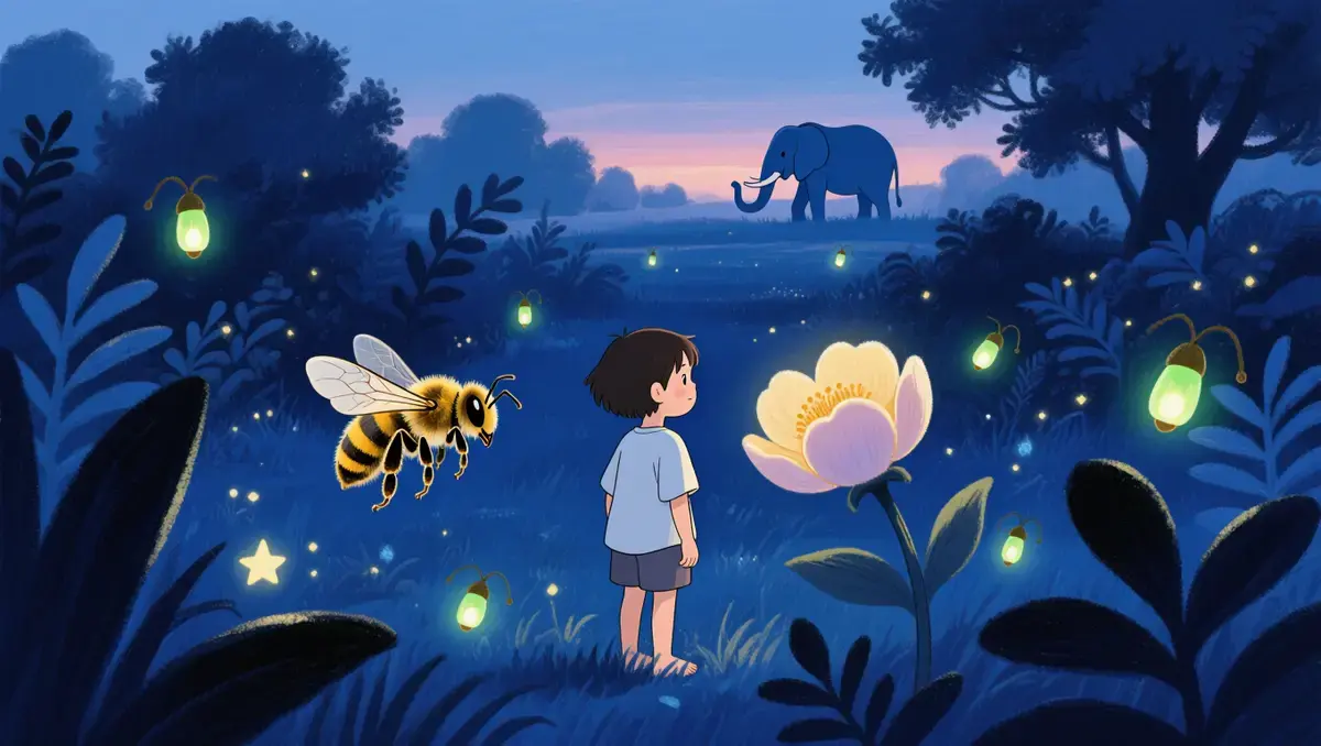 Un enfant au crépuscule observant des abeilles, des lucioles et des animaux dans un jardin lumineux