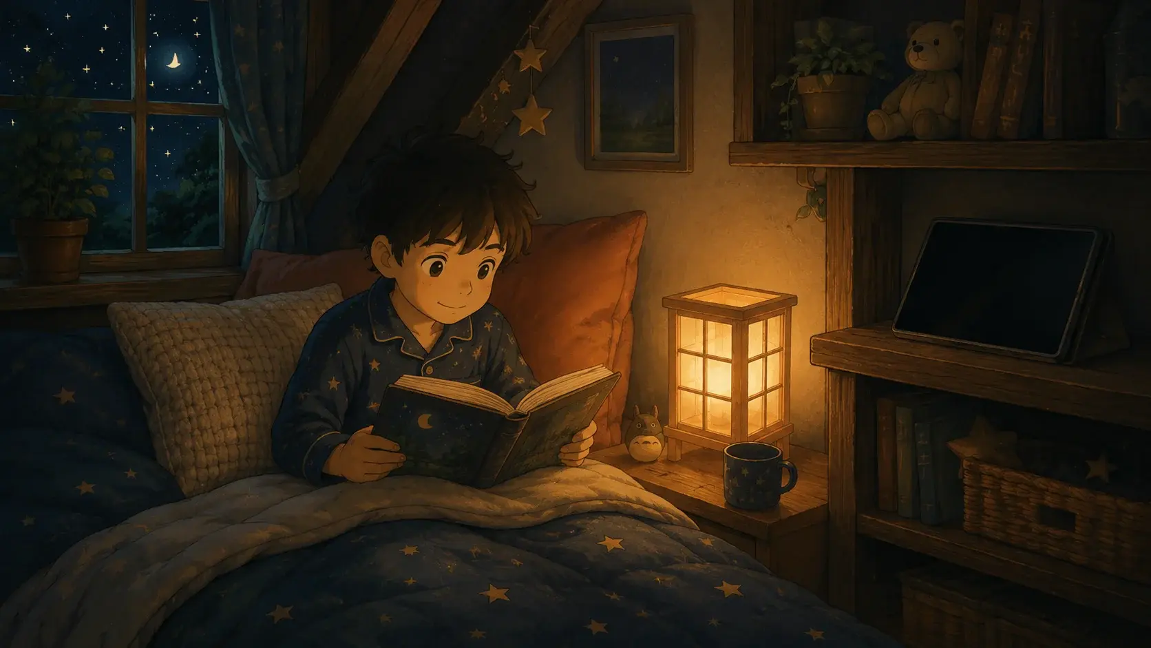 A child in bed at night with an open storybook lit by a warm lamp and a switched-off tablet set aside