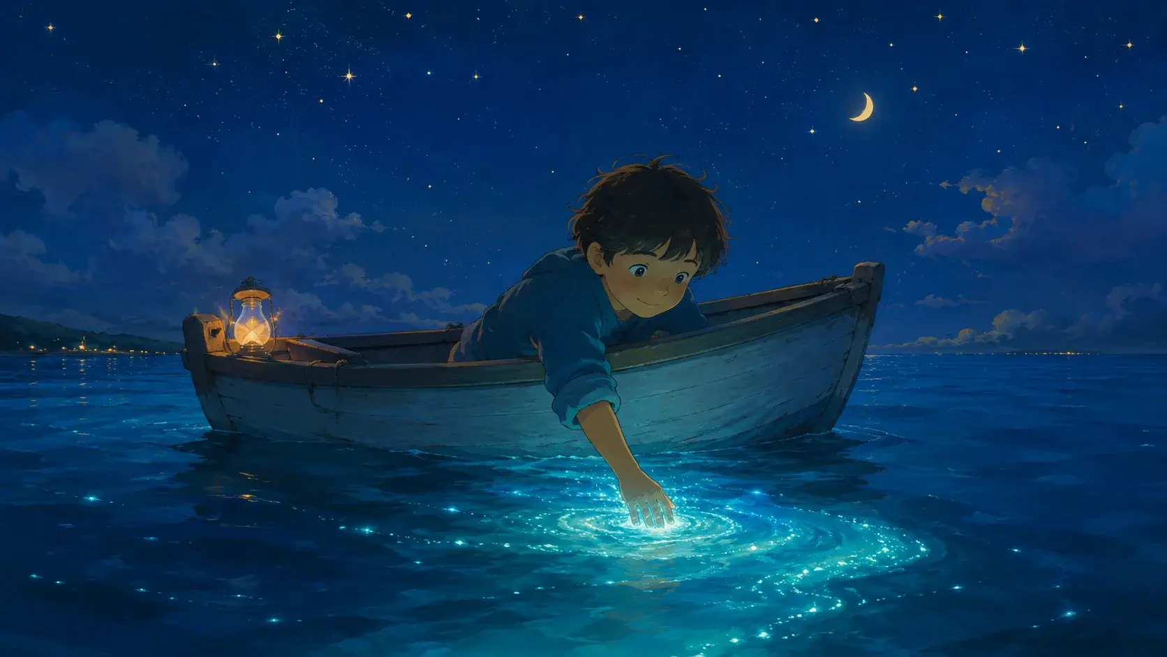 A child on a boat at night trailing a hand in glowing blue ocean water