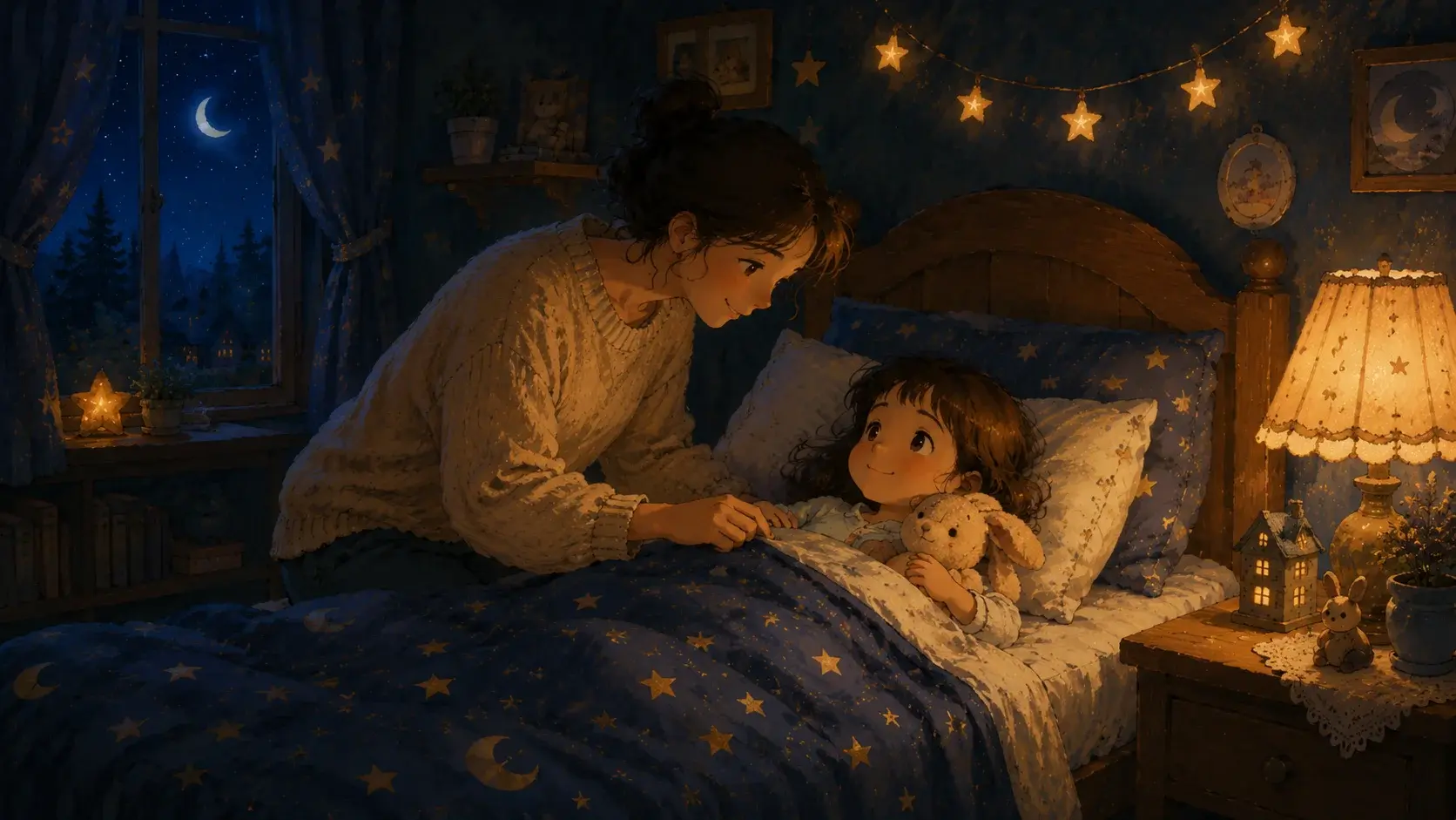 A parent gently tucking a child into bed in a cozy night bedroom lit by a warm lamp