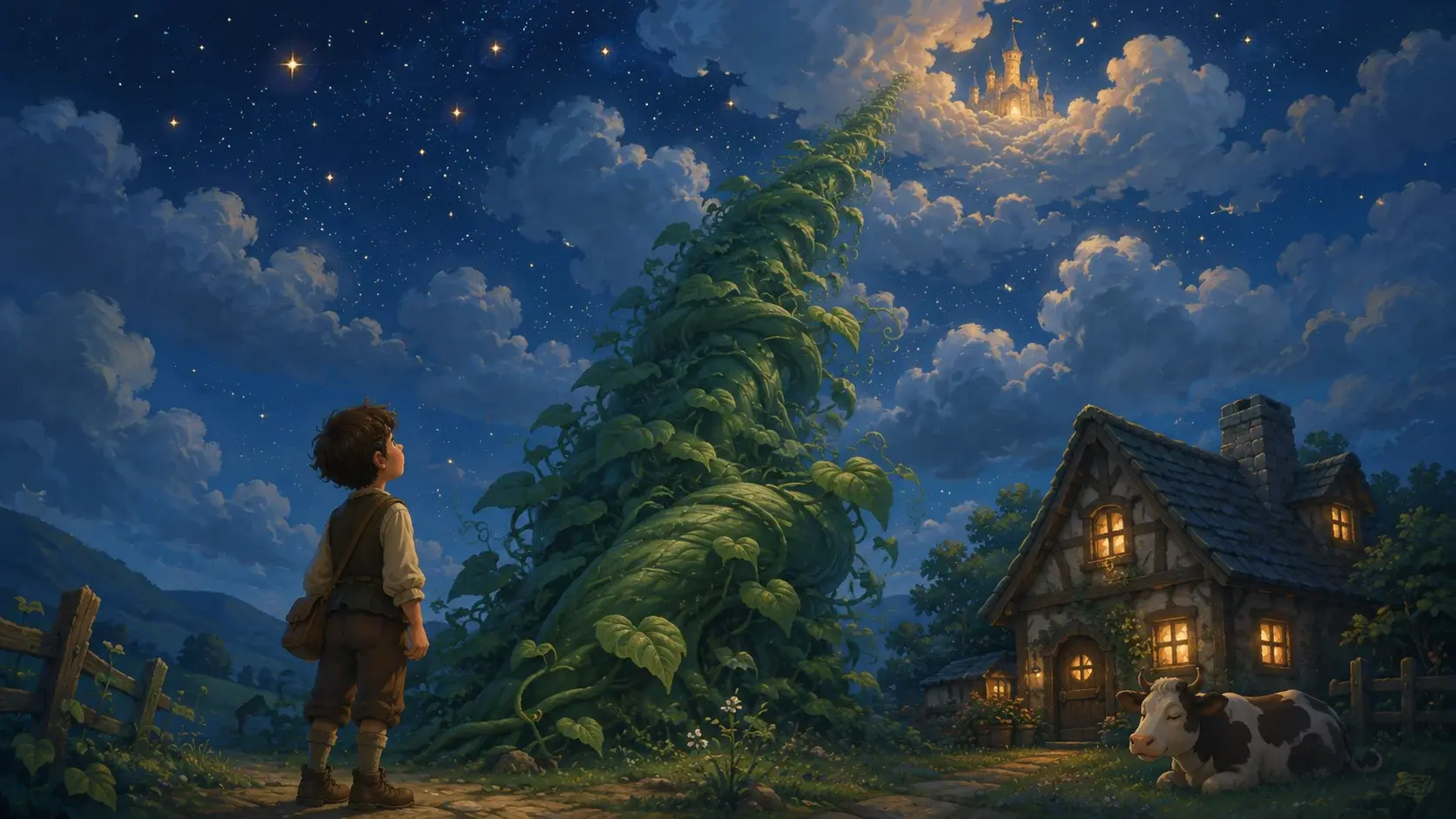 A boy at the foot of a giant green beanstalk that climbs through starry clouds toward a faraway castle