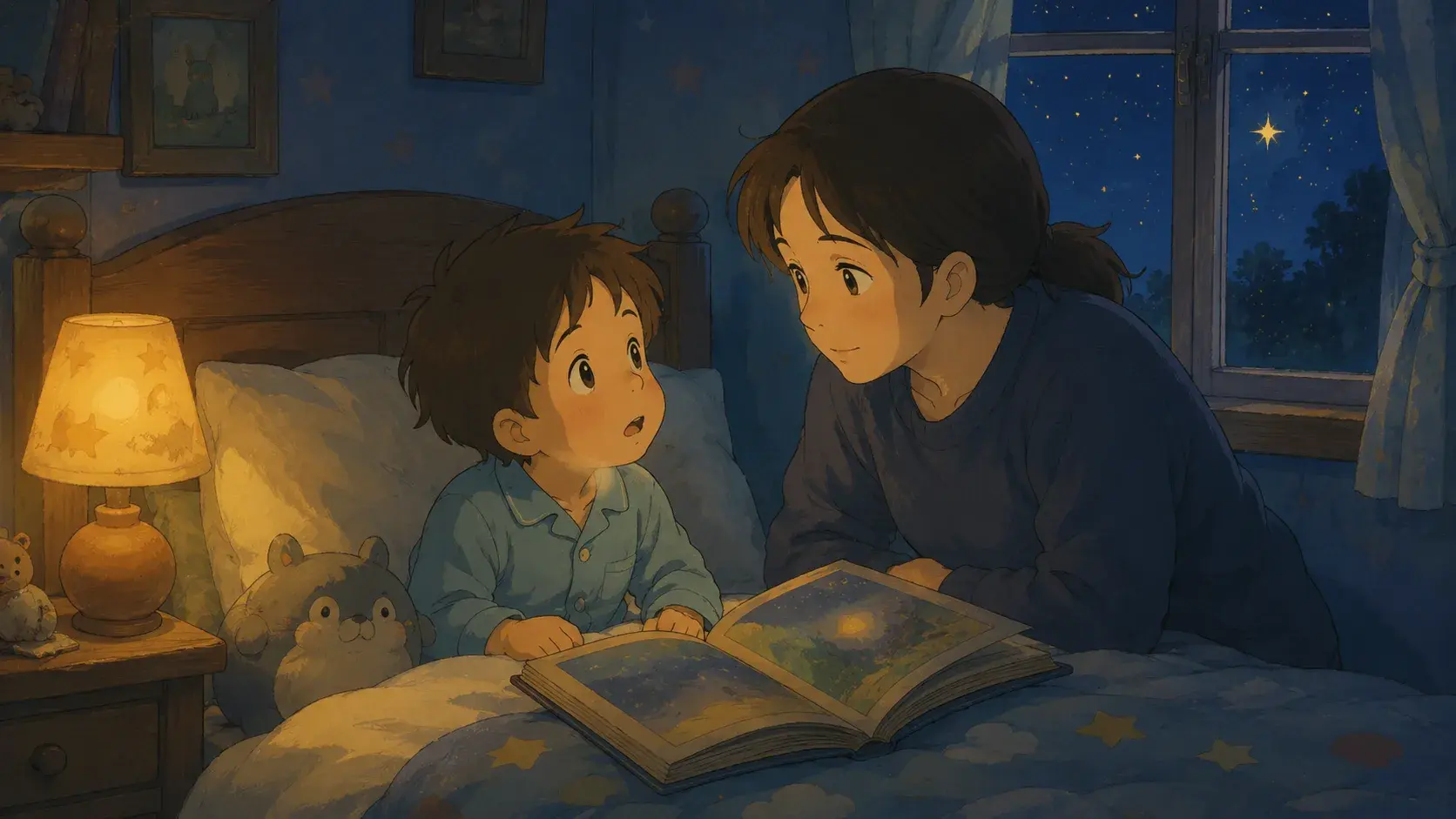 Un enfant assis dans son lit la nuit, levant de grands yeux vers un parent à l'écoute, un livre d'histoires lumineux ouvert entre eux