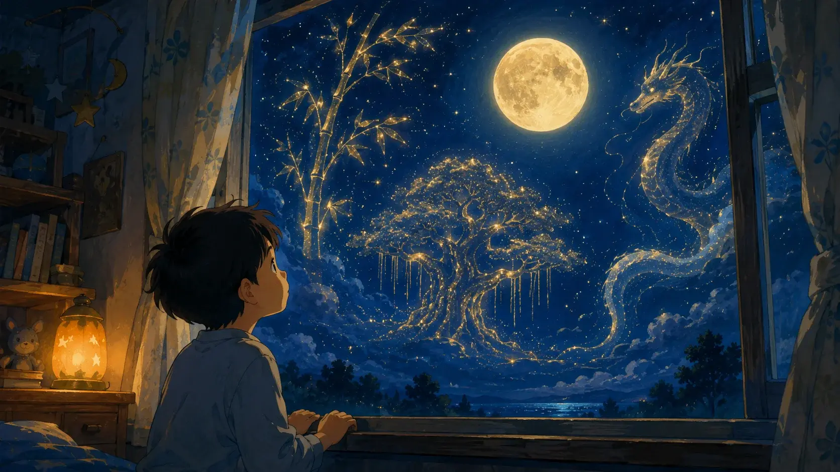 Un niño junto a una ventana contempla una luna llena resplandeciente, con tenues formas doradas del folclore lunar entretejidas en el cielo estrellado