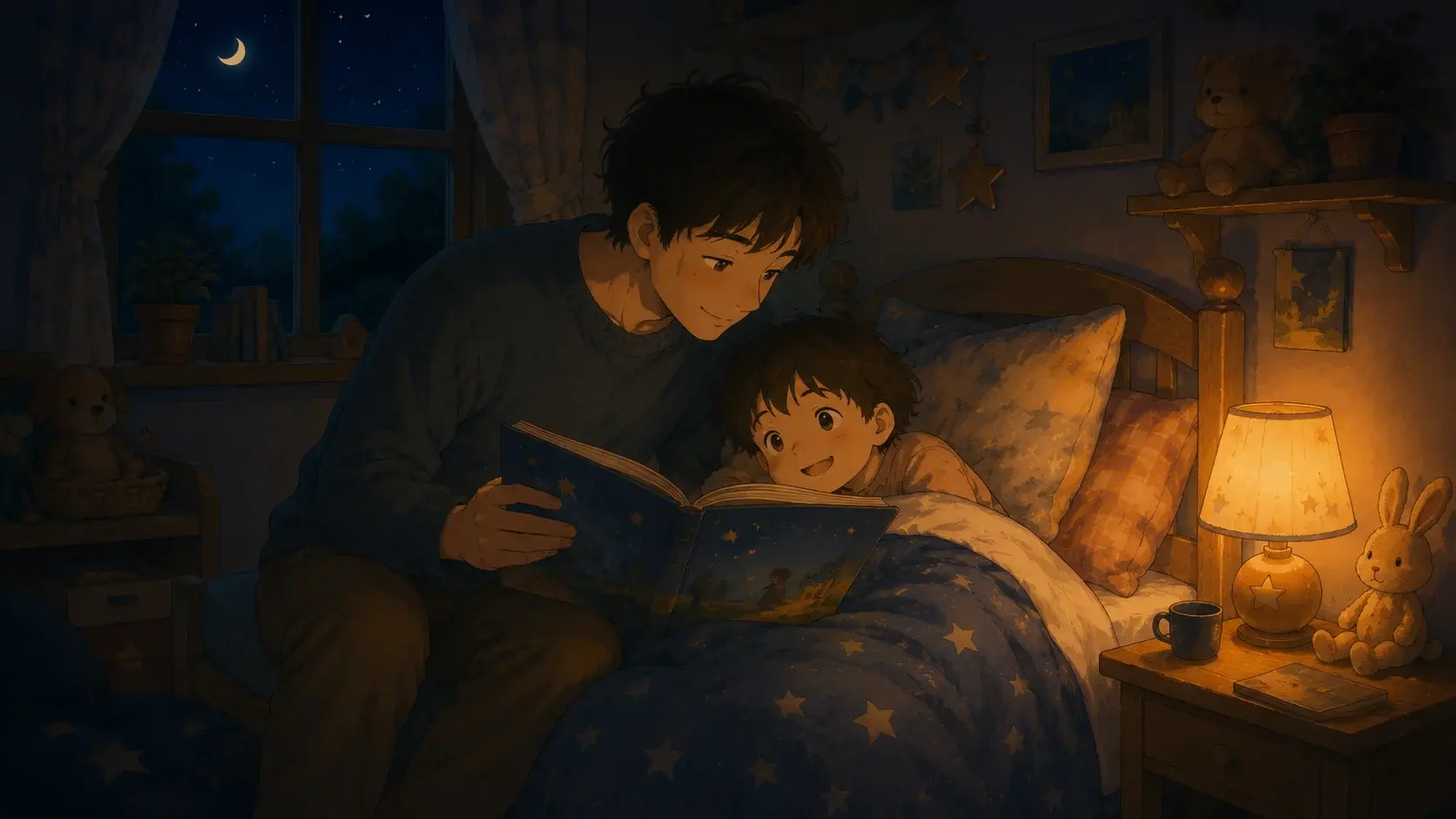 A parent reading a beloved bedtime story to a child snuggled in bed by warm lamplight