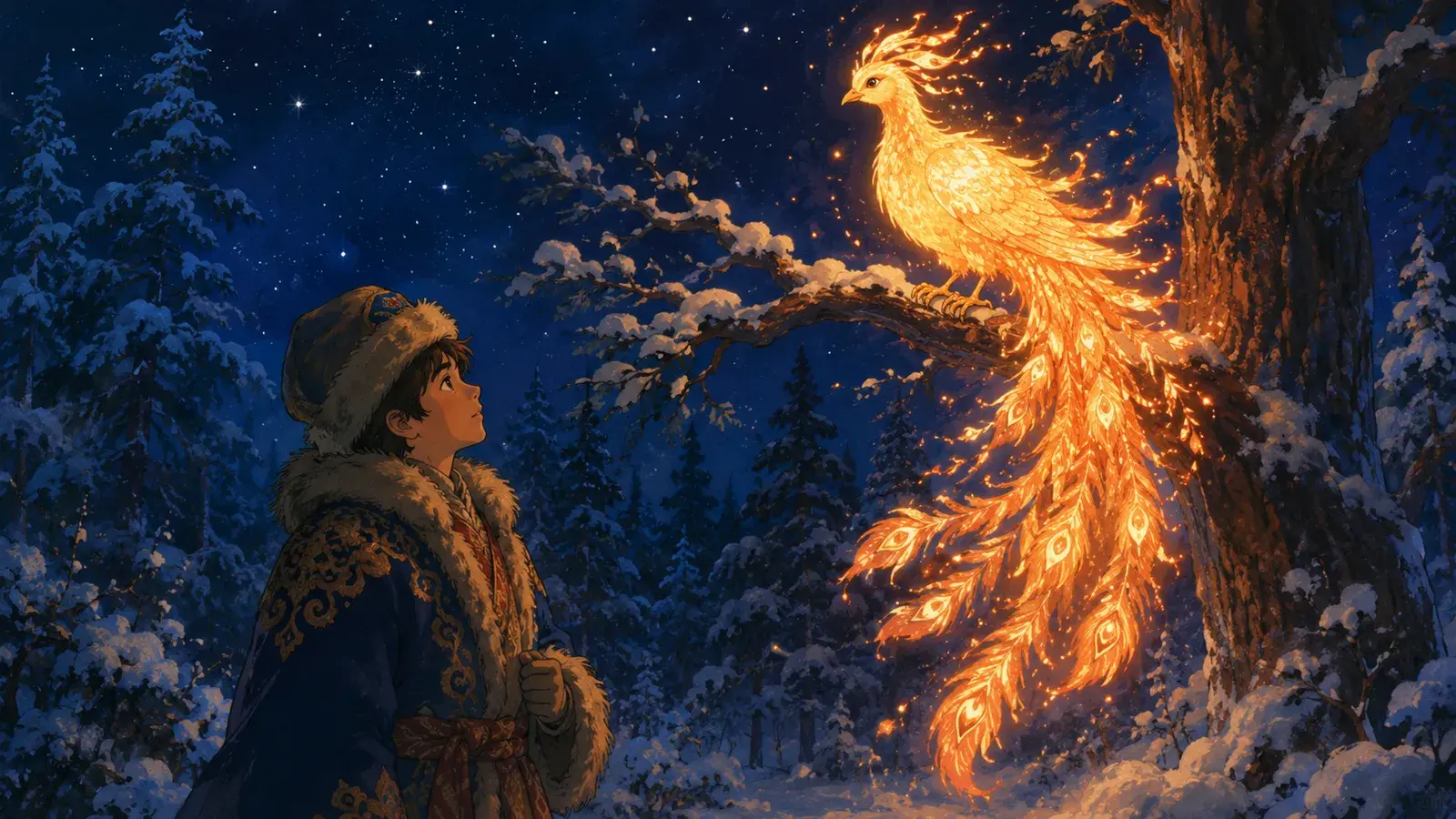 Un pájaro de fuego resplandeciente en un oscuro bosque de pinos nevado de noche, un joven príncipe que lo contempla maravillado