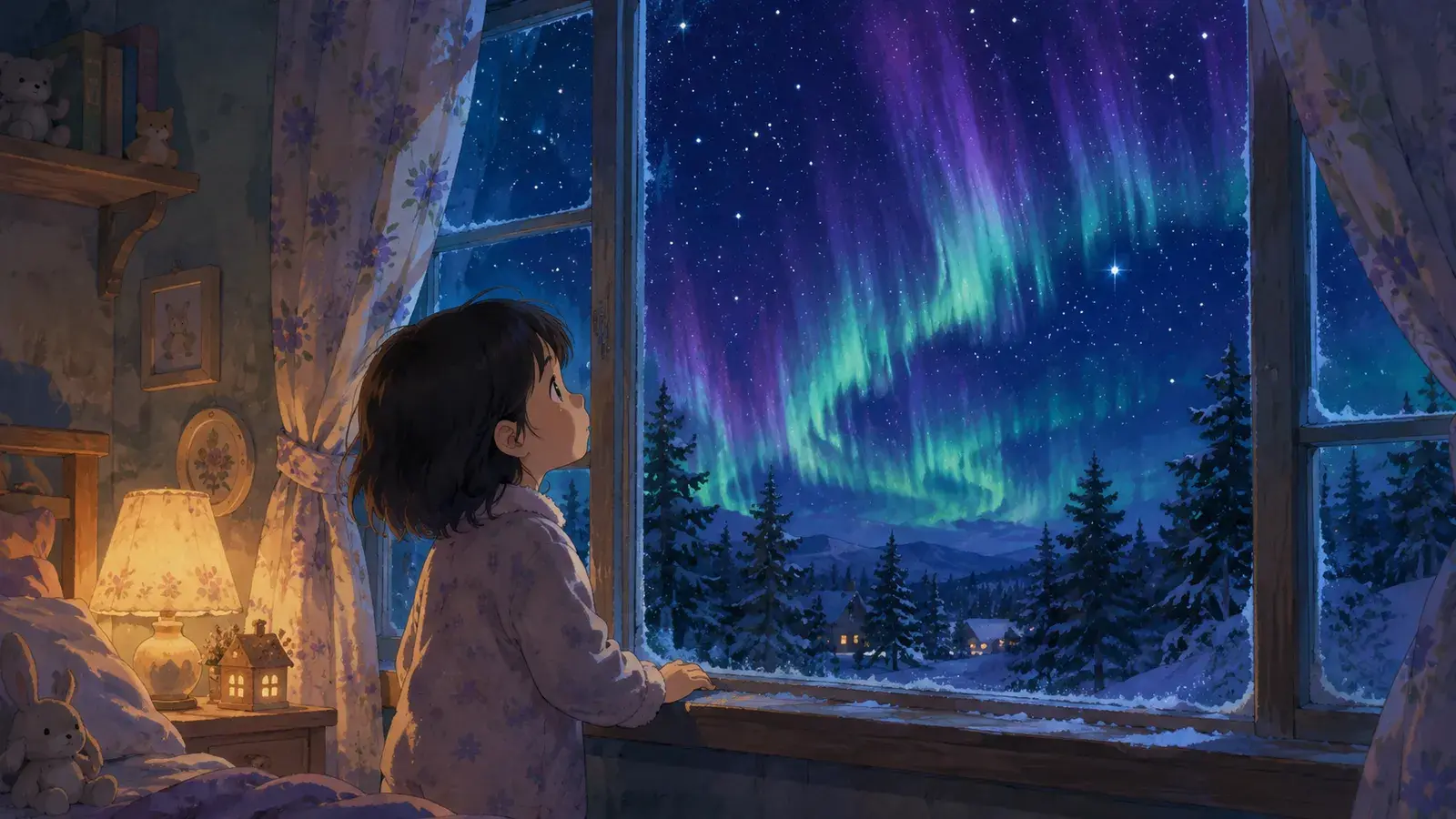 Un niño junto a una ventana escarchada mirando ondear auroras verdes y violetas sobre los pinos