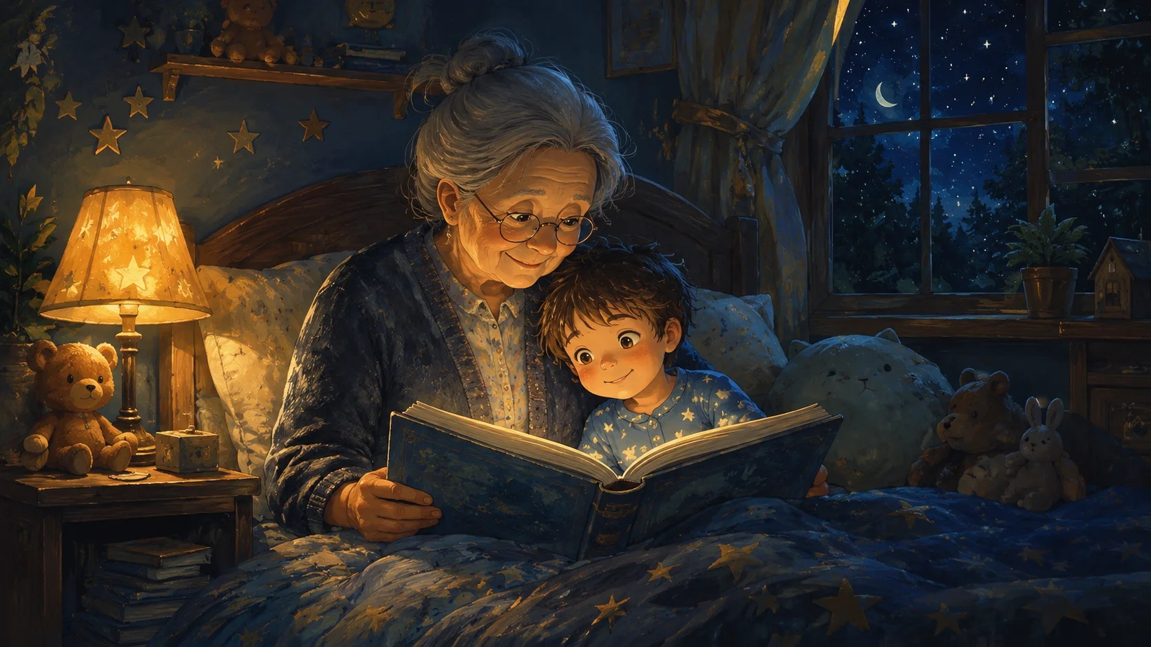 A grandparent and a young child reading a bedtime story together by lamplight