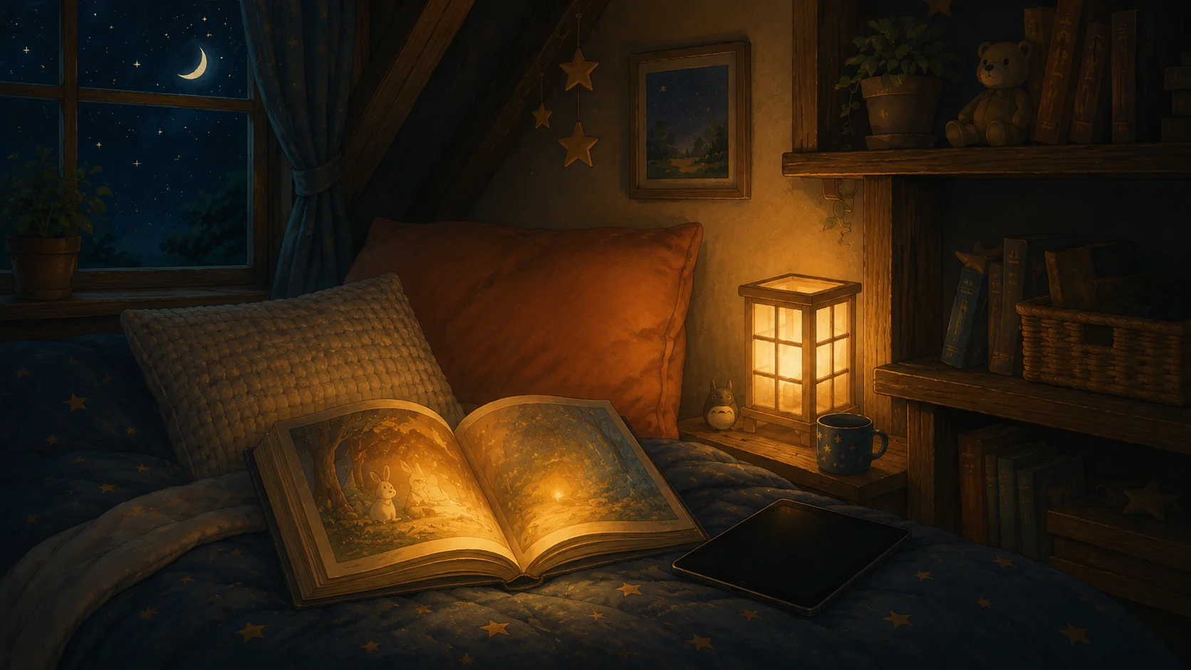 A warm glowing open storybook on the bed beside a switched-off dark tablet