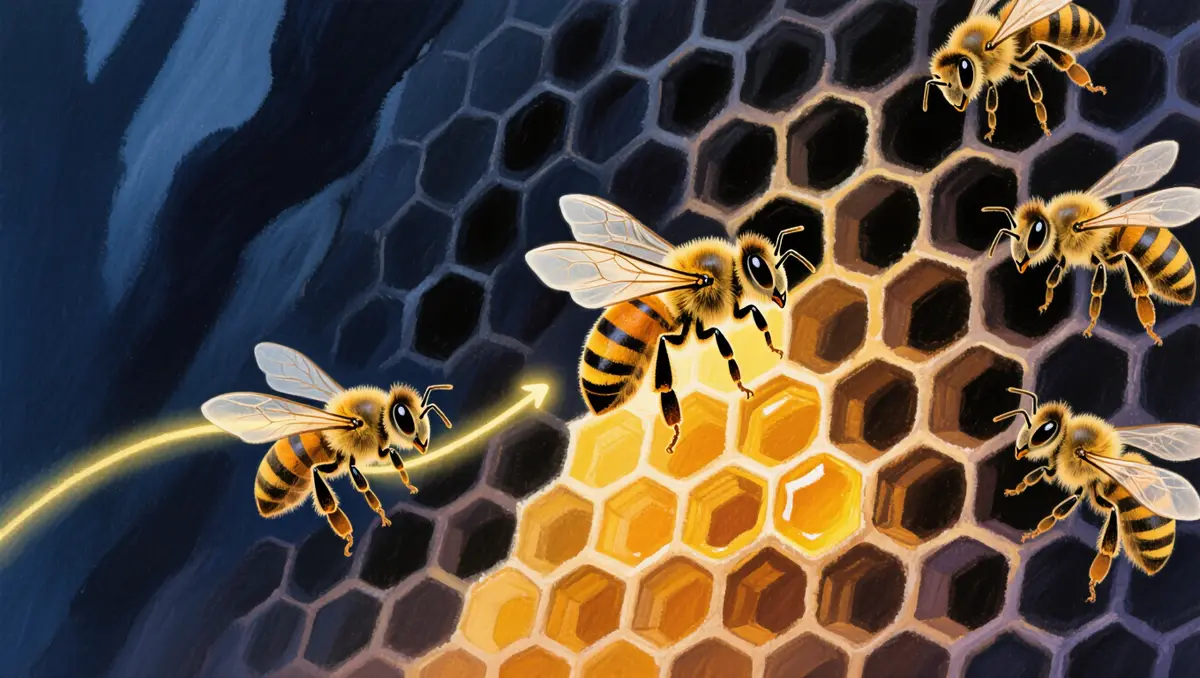 Une abeille exécutant sa danse frétillante sur un rayon vertical, dans la ruche obscure