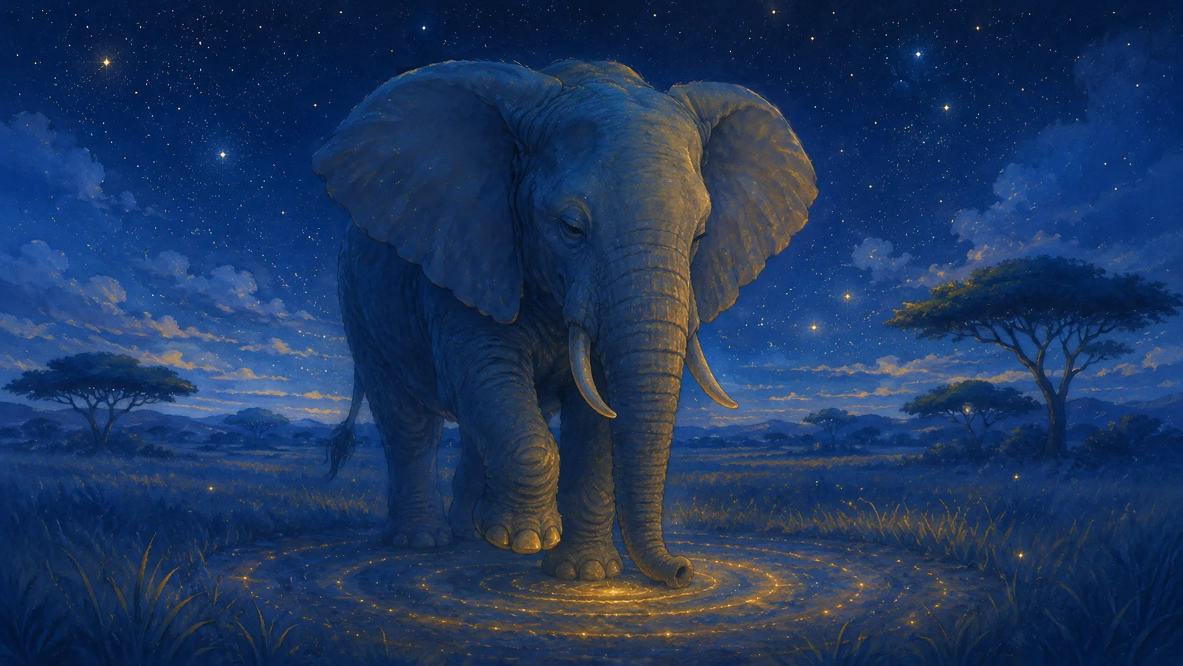 Um elefante imóvel, inclinado para a frente, a ouvir o chão pelas patas