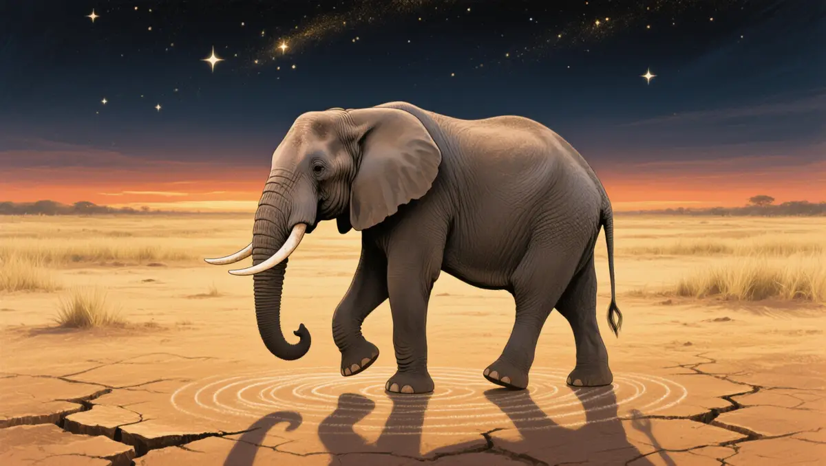 Un éléphant immobile, penché en avant, écoutant le sol par ses pieds