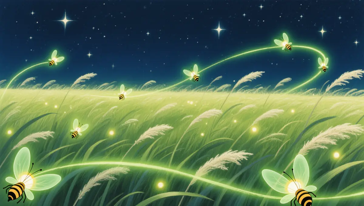 Des lucioles clignotant en motifs codés au-dessus de l'herbe, la nuit