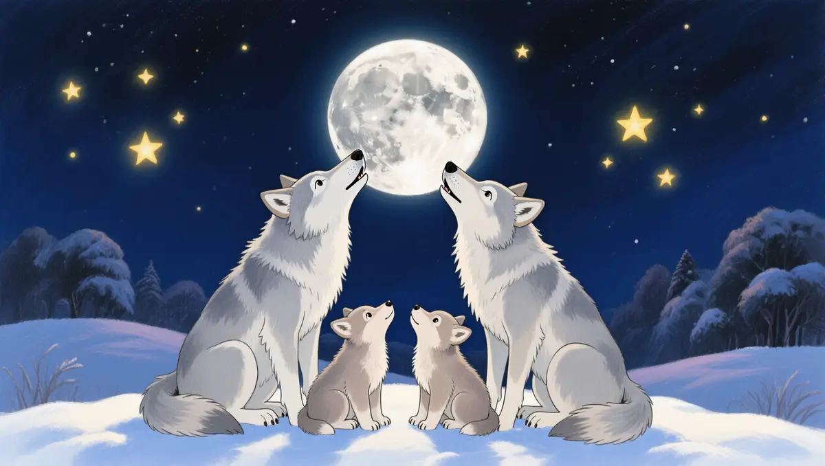 Une famille de loups hurlant ensemble sous la lune, museaux levés