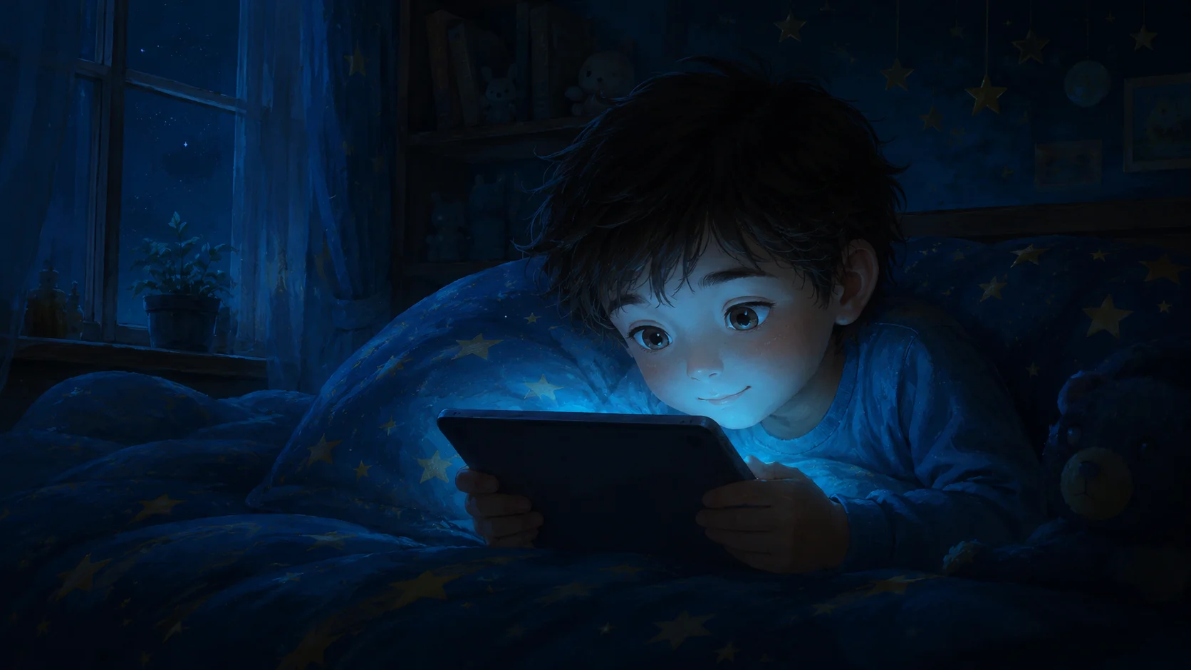 A child's face softly lit by the cool blue glow of a tablet held close in a dark bedroom
