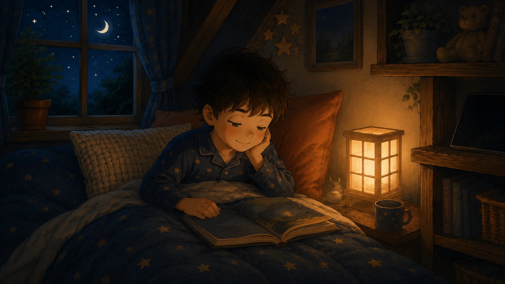 A child resting calmly in bed with the screen gone, a warm lamp and an open storybook, a crescent moon glowing in the window