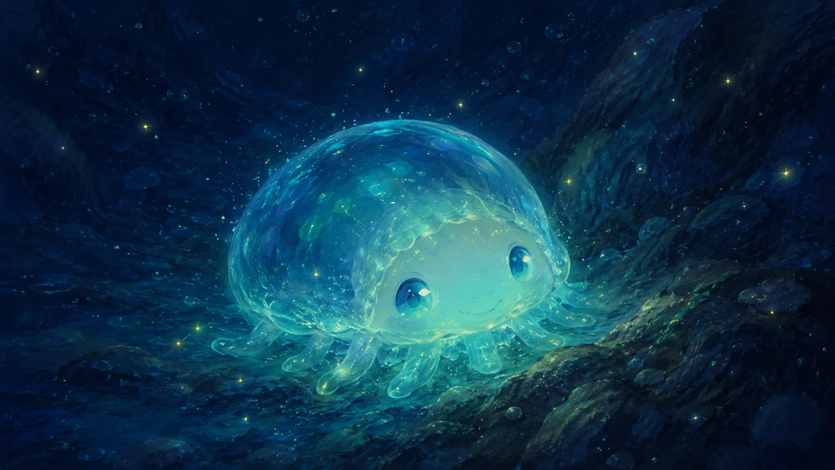 A single softly glowing sea creature giving off cool blue light in the dark water