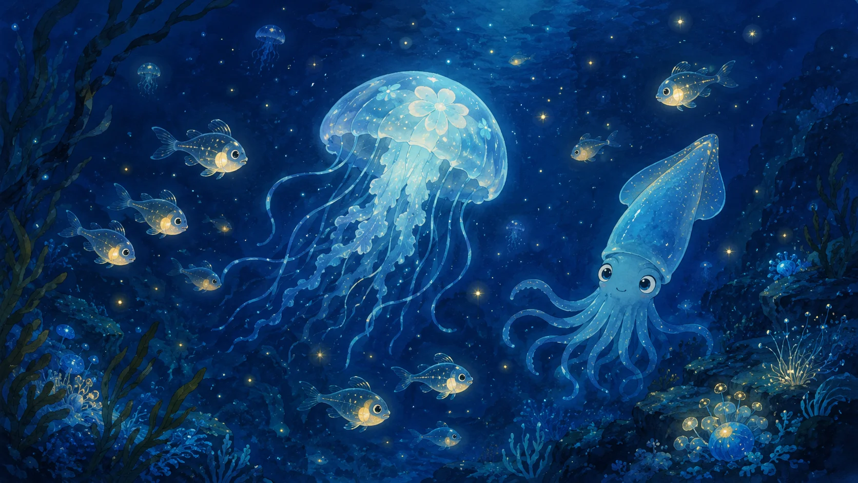 A deep ocean scene full of softly glowing creatures, a jellyfish, small fish and a squid