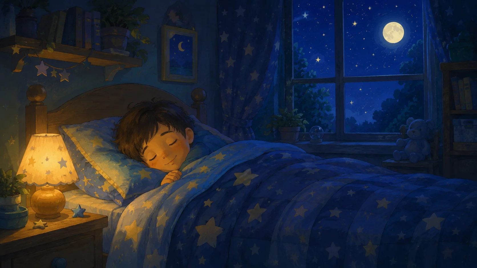 A child drifting peacefully to sleep as a round moon glows softly in the window