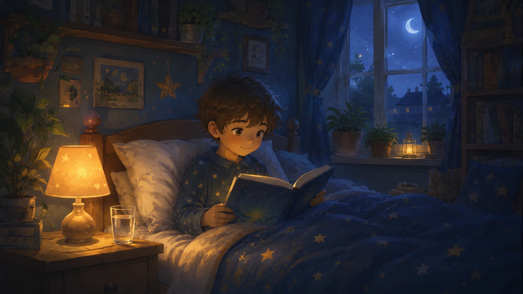 A child sitting up in bed reading a storybook by the glow of a bedside lamp