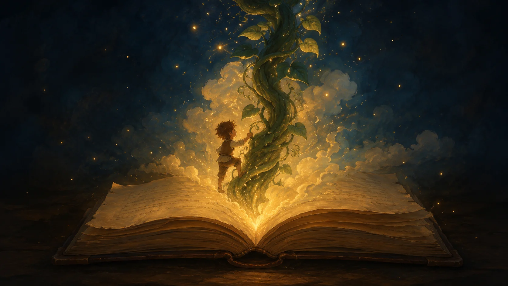 An old open storybook glowing in the dark, a tiny beanstalk and a small hero rising from its pages