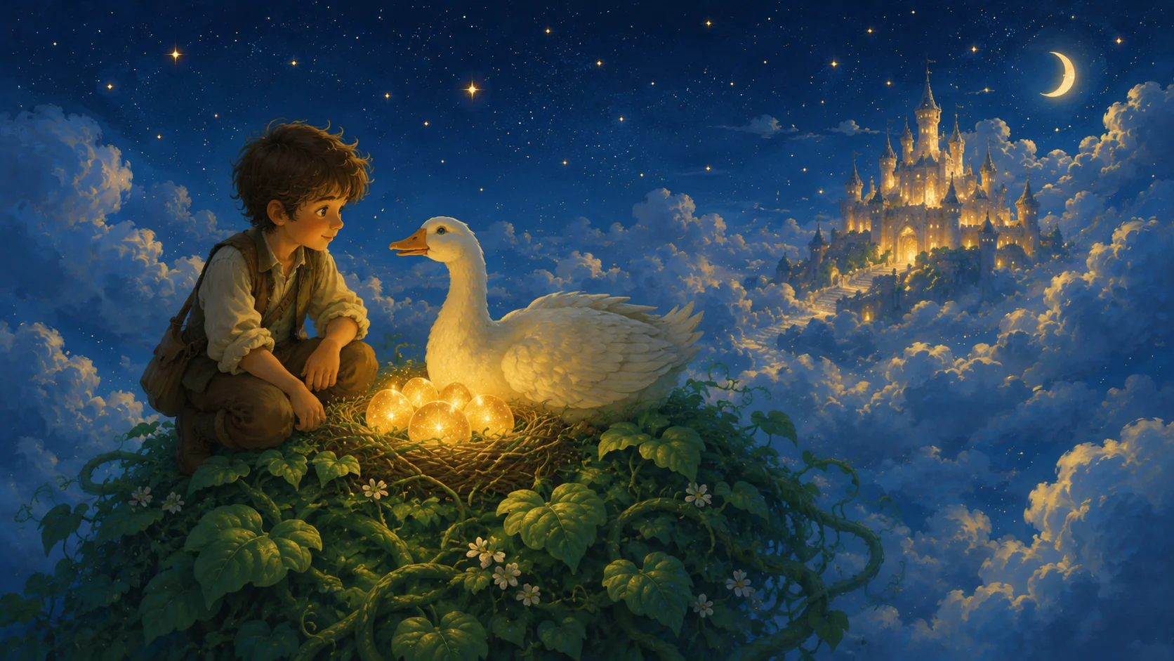 A boy in the clouds at the top of the beanstalk beside the goose that lays golden eggs, a glowing castle in the distance