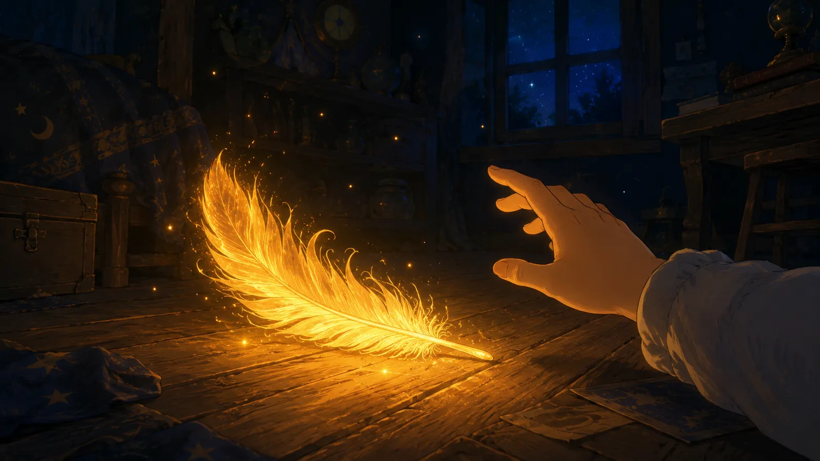 Una única pluma dorada y resplandeciente del pájaro de fuego que ilumina una habitación oscura, la mano de un niño que se acerca hacia ella