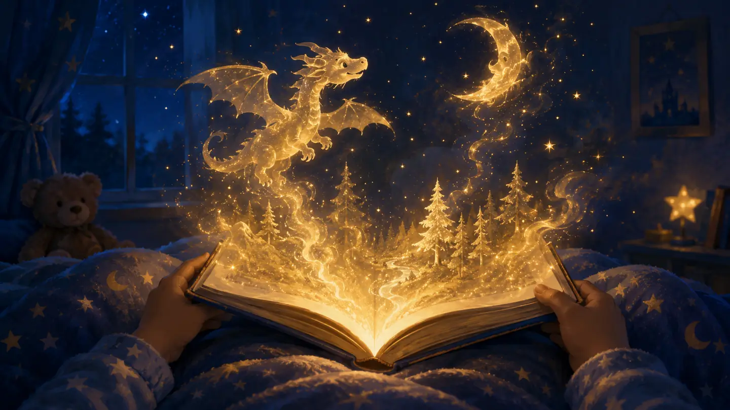 Soft, glowing shapes of imagination rising from an open storybook at night
