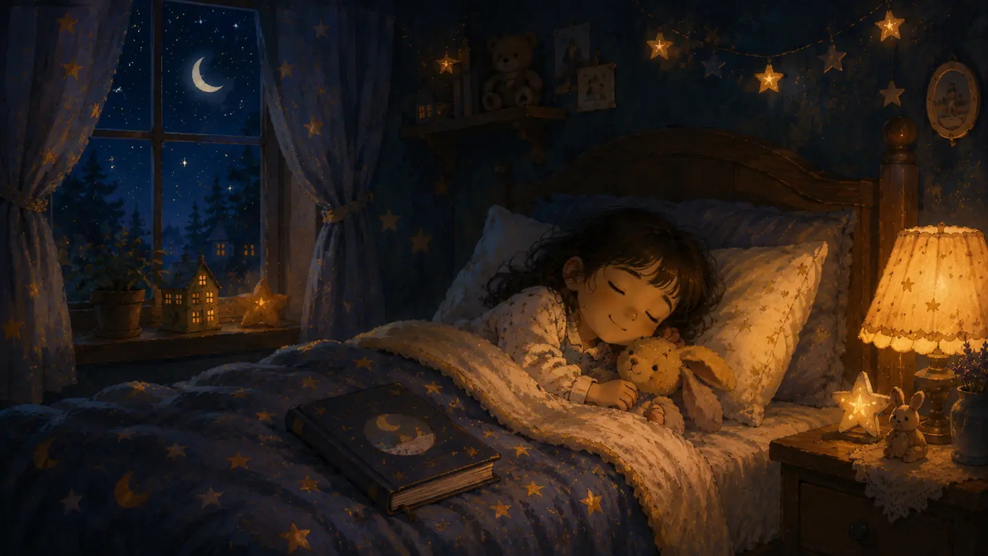 A child drifting to sleep under a starry sky, a closed storybook resting nearby