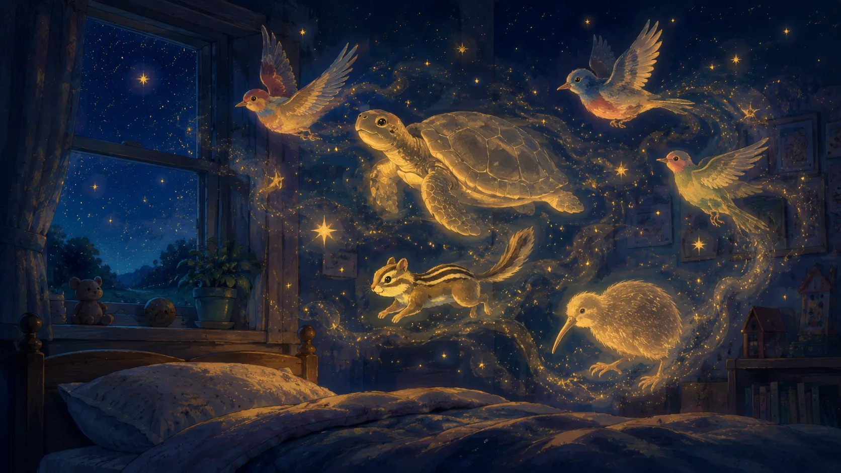 Formes dorées et oniriques d'une tortue, d'oiseaux, d'un tamia et d'un kiwi flottant dans un ciel étoilé au-dessus du lit d'un enfant