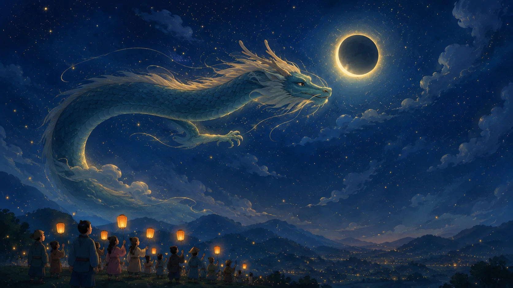 Una amable serpiente marina gigante que se curva por el cielo estrellado hacia la luna mientras los aldeanos abajo alzan cálidas linternas
