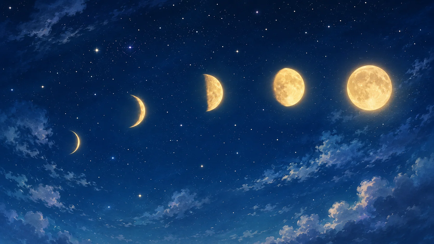 Un suave arco de las fases de la luna a través de un cielo nocturno estrellado, desde un fino cuarto creciente hasta una luna llena dorada