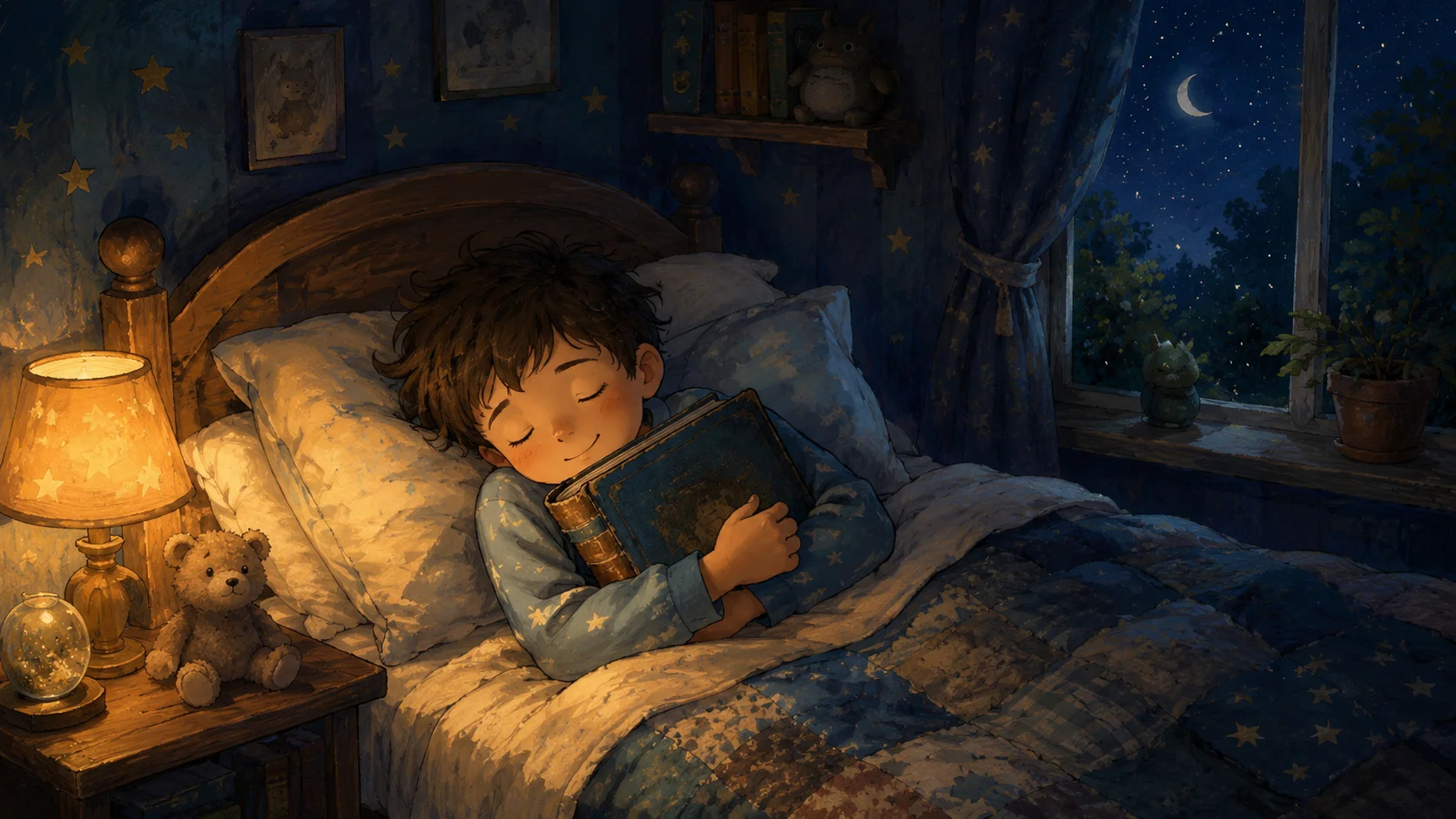 A child asleep in bed hugging a worn favourite storybook