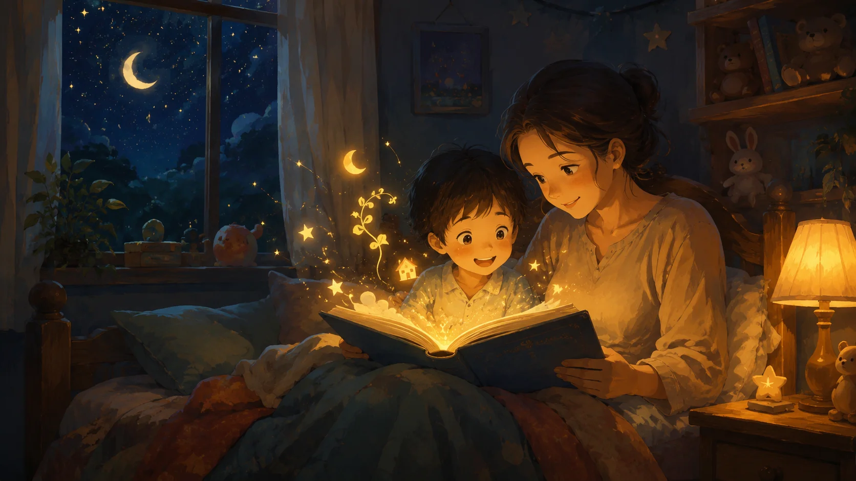 A child and parent sharing a glowing storybook as golden story sparkles rise from the pages