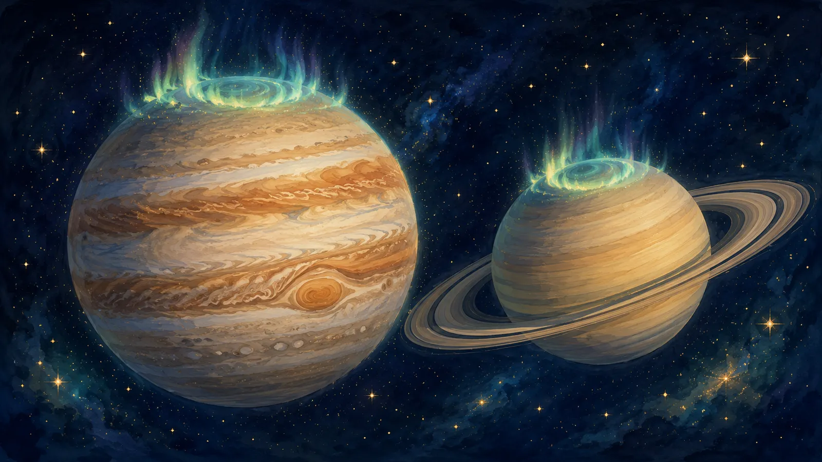Júpiter y Saturno, cada uno coronado por un anillo de auroras en sus polos