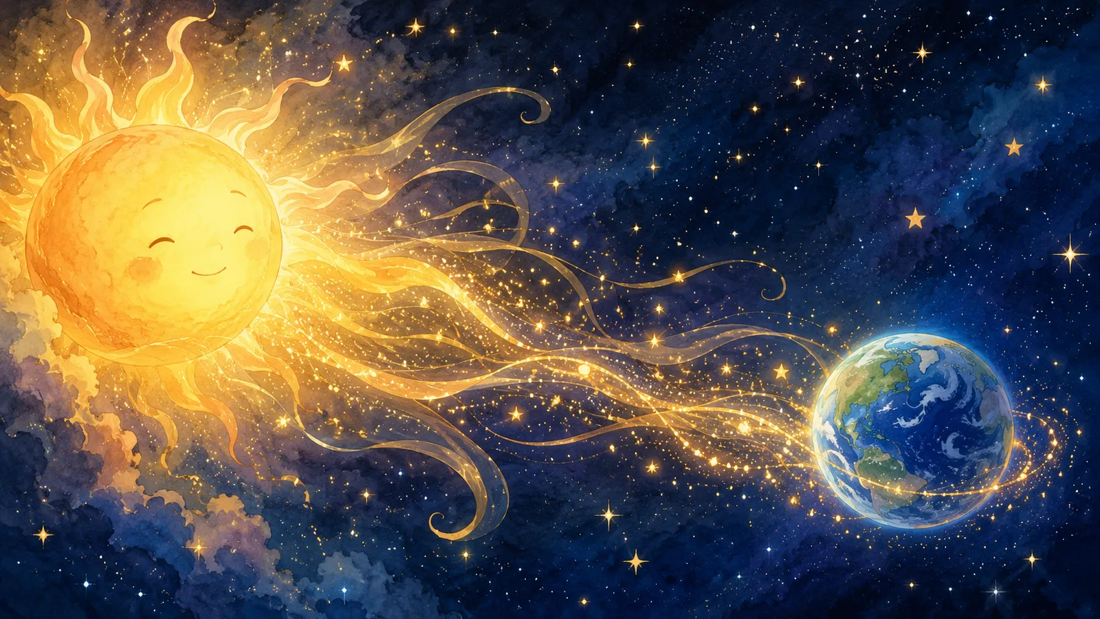 El Sol enviando una suave corriente luminosa de partículas por el espacio hacia una pequeña Tierra lejana
